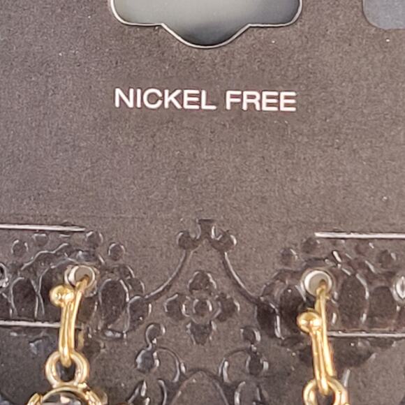 Gold Tone Dangle Earrings Gray Faceted Gem Crystal Border Drop 2.2" Nickel Free - Picture 8 of 11